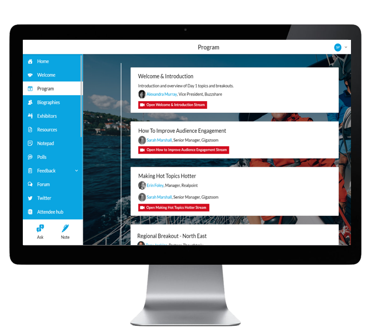 The Chime Live engagement platform with on-demand videos embedded in the agenda